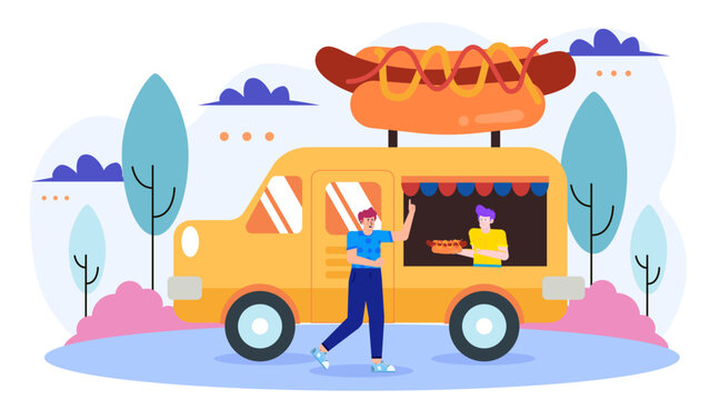 Hot dog truck satisfying customer craving in open air setting. Perfect for food blogs, outdoor dining advertisements, street food promotions.