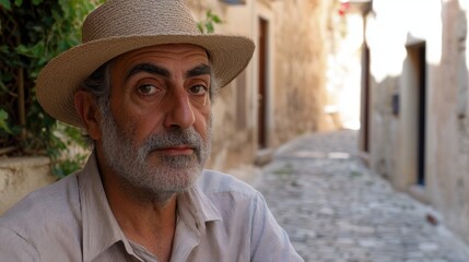 Mature man in a straw hat sits in an old European alleyway.