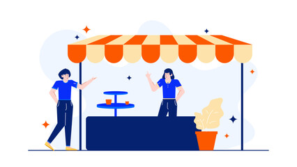 Two women shopping at outdoor market stall. Perfect for promoting small businesses, local markets, shopping culture, and diverse communities.