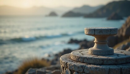 Stone pedestal overlooking tranquil ocean waves at sunset