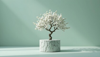 A Delicate White Blossom Tree in a Textured Pot on a Light Blue Surface