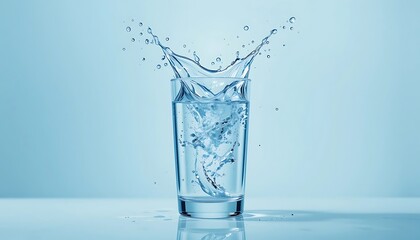 Clear refreshing water splashing out of a tall glass in a bright studio setting