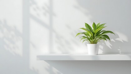 A Bright Green Potted Plant Sits On A Clean White Shelf With Natural Sunlight Casting Shadows On A White Wall
