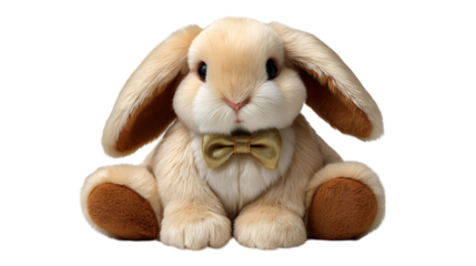 Adorable fluffy beige bunny rabbit wearing a golden bow tie sitting down isolated on transparent background