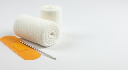First Aid Kit Essentials: Bandage, Plaster, and Needle on White Background