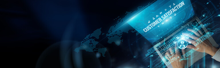 Businessman use laptop and Customer Satisfaction depends on timely service, quality products,...