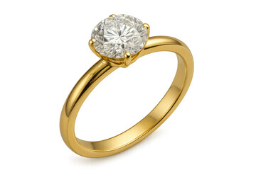 Shiny gold ring holding a big brilliant-cut diamond on transparent background, ideal for wedding and engagement themes