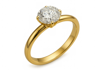 Shiny gold ring holding a big brilliant-cut diamond on transparent background, ideal for wedding and engagement themes