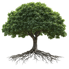 Green Tree with Dense Leaves and Prominent Roots, Isolated on White Background

