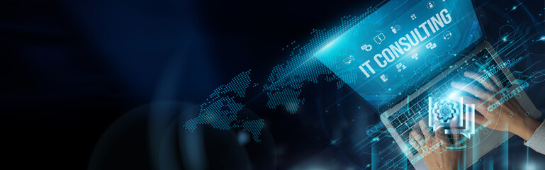Businessman uses laptop and IT Consulting enhances strategy, streamlines operations, boosts...