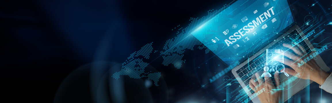 A businessman uses a laptop for assessment strategy, performance analysis, risk evaluation, data collection, reporting, efficiency tracking, accuracy checking, and compliance review.