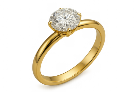 Shiny gold ring holding a big brilliant-cut diamond on transparent background, ideal for wedding and engagement themes