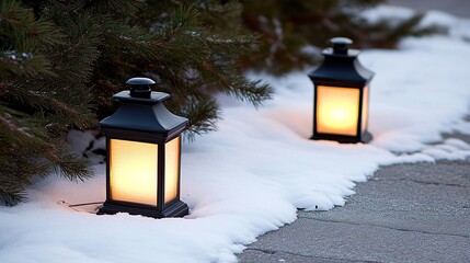 Glowing lanterns in snowy winter garden path