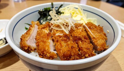 katsudon rice topped with fried meat, japanese cuisine 