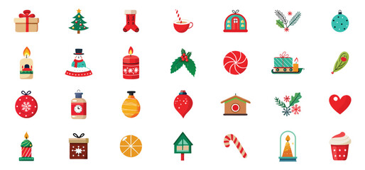 A delightful collection of christmas themed flat icons showcasing ornaments and festive decorations for holiday designs