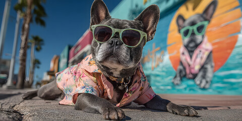Cool Canine in Paradise: A stylish bulldog, decked out in sunglasses and a floral shirt, embodies carefree summer vibes, relaxed in a sun-drenched coastal setting.  