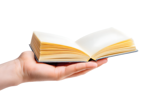 Open Book in Hand Against Black Background A classic literary symbol of knowledge and learning, perfect for education, reading, and literature concepts.