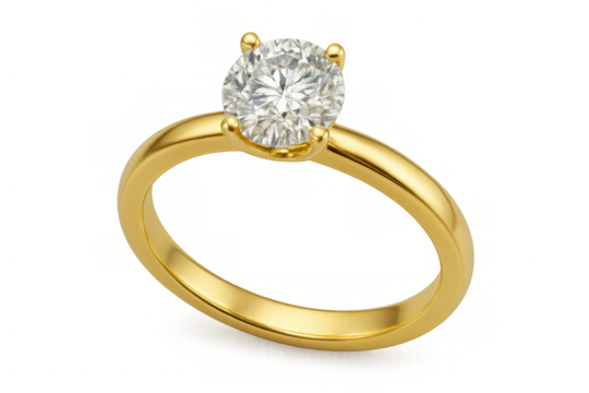 Golden ring with a big solitaire diamond on a transparent background, ideal for wedding and engagement themes
