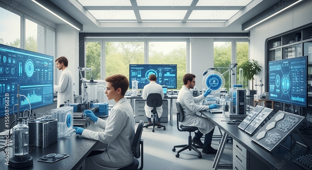 Poster modern science laboratory: team of researchers conducting advanced experiments with high-tech equipm