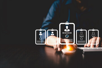 Human resource search, recruitment concept. human resource management uses HR technology online networks to check CV choose perfect employee ensuring strong recruitment process company structure.