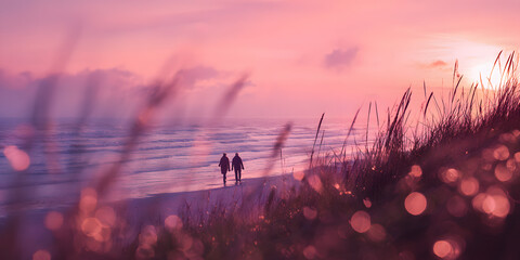 Dusk Stroll on the Beach: A silhouetted couple strolls hand-in-hand along the beach, framed by gentle dune grass, as the sun dips below the horizon, painting the sky with soft pink and purple hues.