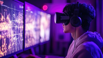 A high-tech AI system testing game physics in a glowing virtual simulation 