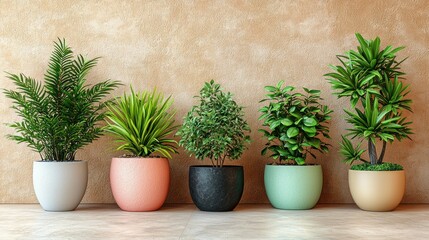 Fototapeta premium Four potted plants against a light beige wall