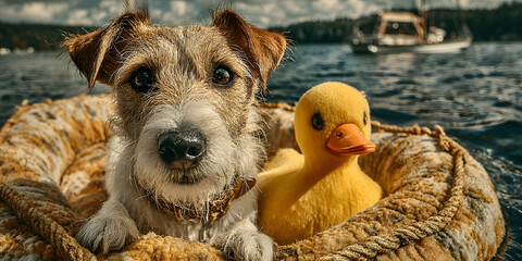 Wire Fox Terrier and Rubber Duck: A charming Wire Fox Terrier puppy and its yellow rubber ducky companion enjoy a relaxing boat ride on calm water, creating a heartwarming scene.