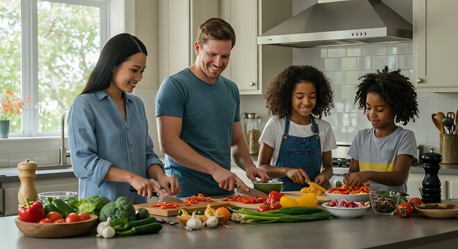 Diverse Family Cooking Healthy Meal Together in a Modern Kitchen - Powered by Adobe