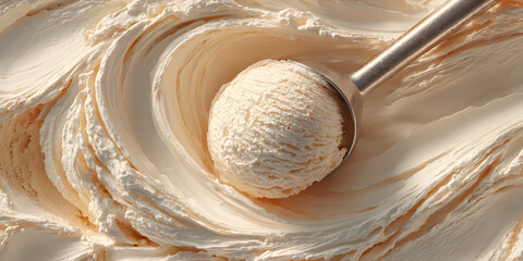 Vanilla Ice Cream scoop: A macro perspective captures a perfectly formed scoop of delicious vanilla ice cream held by a spoon nestled within a creamy swirl of ice cream.