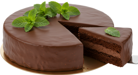 A delectable chocolate cake with a slice removed, adorned with fresh mint leaves, set on a golden platter