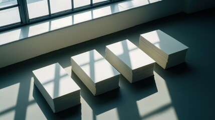 Fototapeta premium Stacks of blank white paper on a dark gray floor.