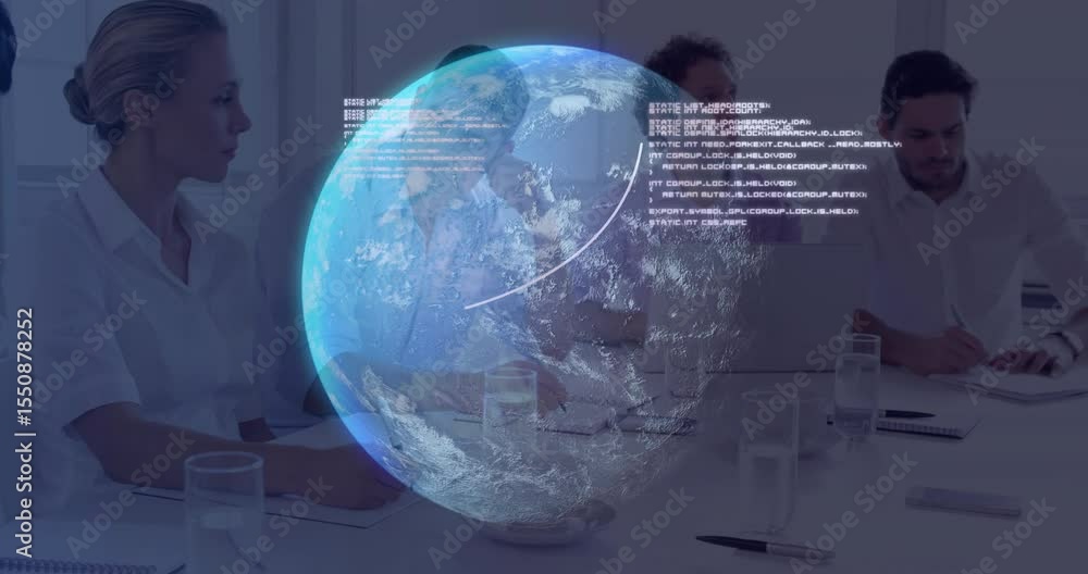 Poster business colleagues taking notes at table while earth hologram rising with code for data analysis