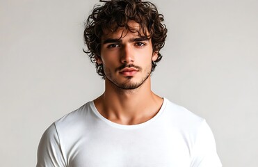 Fototapeta premium Young man mockup wearing plain white t shirt on gray background