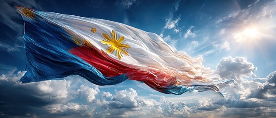 Philippine flag billowing in a vibrant sky