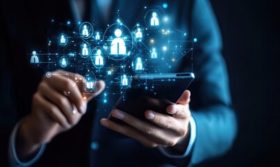 Businessman using a phone with a projected network of people