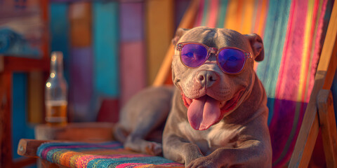 Dog's Summer Daydream: A cheerful dog, coolly sporting sunglasses, relaxes on a colorful beach chair, basking in the warmth of summer, exuding pure vacation vibes with a refreshing drink.