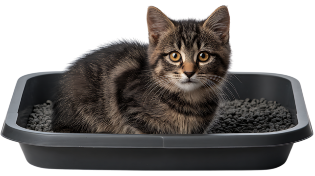 Cute tabby kitten sitting in a litter box filled with dark litter isolated on transparent background