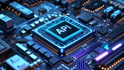 Fototapeta premium API Chip Concept – Microchip Symbolizing Application Programming Interface Integration and Modern Digital Infrastructure
