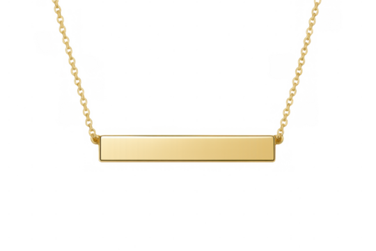 Golden necklace with blank horizontal bar pendant hanging on transparent background, ideal for showcasing custom designs or engravings