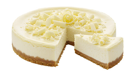 A delicious cheesecake with white chocolate shavings, partially sliced, set against a clean background, ideal for dessert promotions