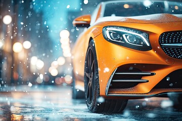 Orange sports car in winter city