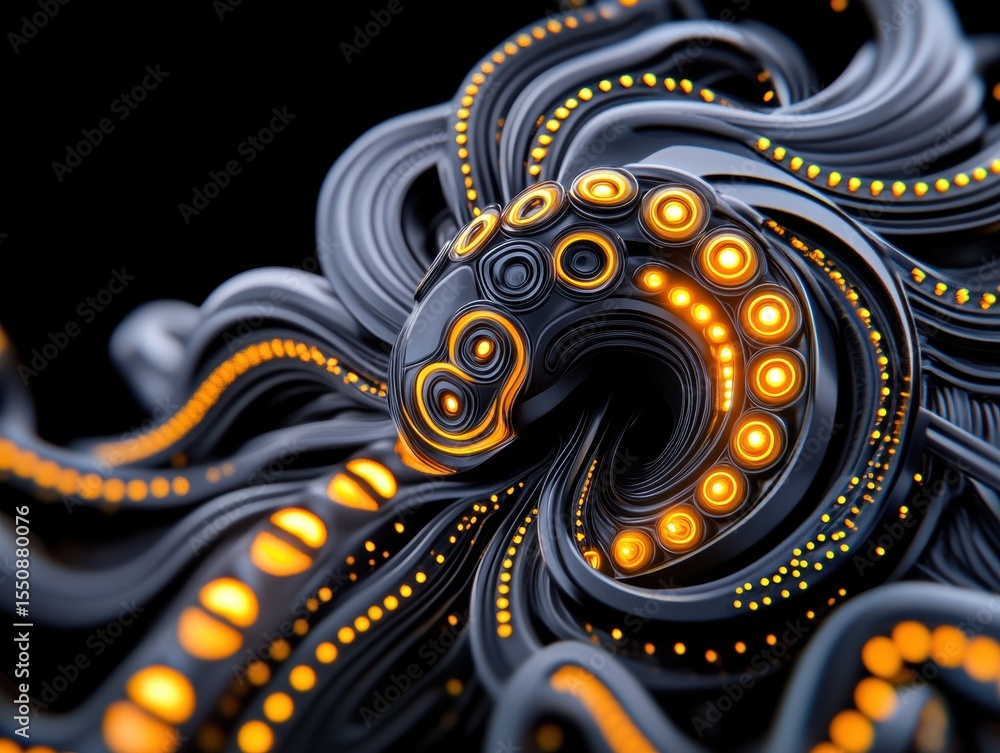 Poster abstract octopus-like structure with glowing yellow elements