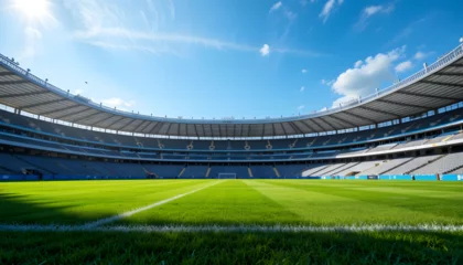 Plexiglas schilderij Stadion grassy football pitch at stadium at sunny day with blue sky  © Nafees
