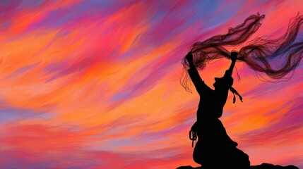 Silhouette of a person with flowing fabric against a vibrant sunset.