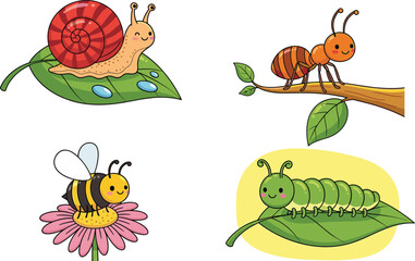 Adorable Cartoon Insects and Bugs with Friendly Expressions, Perfect for Nature and Children's Illustrations flat vector illustration