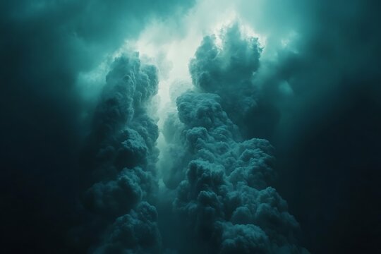 Massive turquoise clouds dramatically rise creating a divine, celestial atmospheric perspective of light
