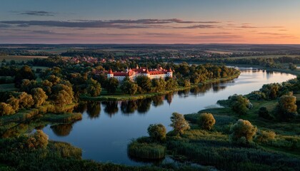 Panoramic sunset over a castle