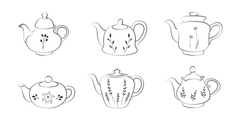 A set of decorative teapots in a linear style.