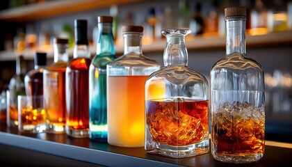 Row of liquor bottles on a bar
